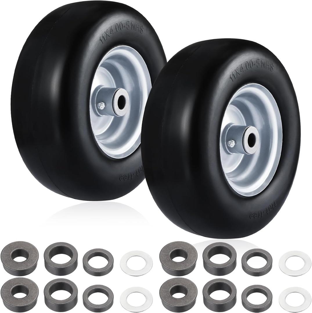 DaisyInner 2 Pcs 11x4.00-5 Flat Free Solid Smooth Tread Tire on Wheel, 3.4-4''-4.5''-5 Centered Hub and 3/4 or 5/8 Bushing, Lawn Mower Tires for Zero Turn for Lawn, Garden Turf