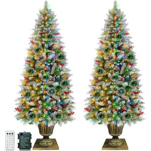 2 Pack 4FT Snowy Artificial Potted Christmas Entrance Tree -3 Mode Timer 80 Warm White&Multi Color Change Light 12 Mode Remote 15 Pinecone 105 Red Berries Battery Powered Fraser-Look Fir Outdoor Porch