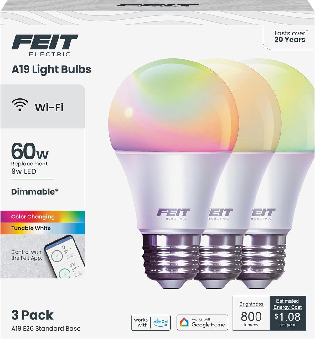 Feit Electric OM60/RGBW/CA/AG/3 60 Watt Equivalent WiFi Color Changing and Tunable White, Dimmable, No Hub Required, Alexa or Google Assistant A19 LED Smart Light Bulb, 3-Pack, Rgbw Multicolor, 60W