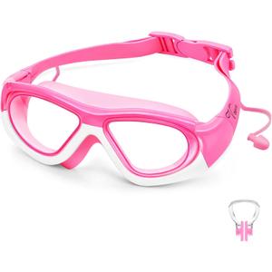 Vvinca Kids Swim Goggles for Kids 3-12, Upgraded Design with Ear & Nose Plug, Wide View Anit-Fog No Leak Water Pool Goggle (Pink)