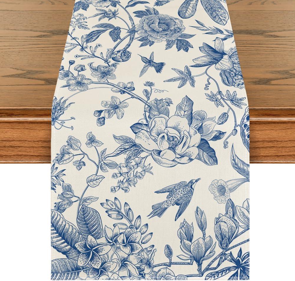 Artoid Mode Peony Azalea Sketchy Flower 210 GSM Spring Table Runner, Seasonal Summer Kitchen Dining Table Decoration for Home Party Decor 13x72 Inch (Blue)