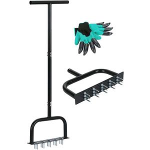 Lawn Aerator Tool, Manual Lawn Aerators with Dethatching Rake and 15 Iron Spikes, Grass Aerator Tools for Yard, Lawn Aeration, Garden Tool or Revives Lawn Health, Black 
