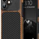 TENDLIN Compatible with iPhone 16 Plus Phone Case Wood Grain with Carbon Fiber Texture Design Leather Hybrid Slim Case (Black)