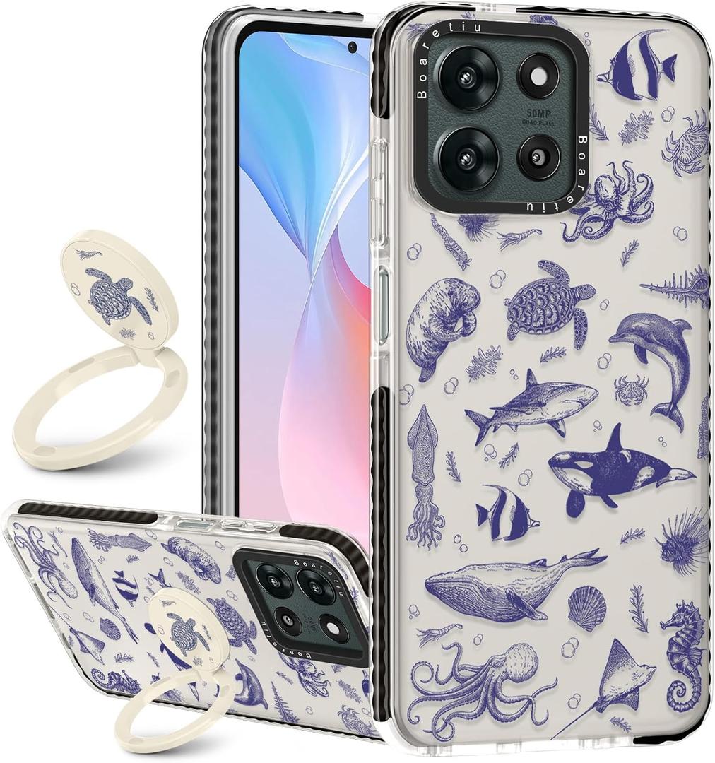 Boaretiu for Motorola Moto G 2025 Case - with Stand Cute Kawaii Fashion 360 Rotate Ring Holder Kickstand Sea Fish for Women Girls Boys Teens Girly Case for Moto G 2025