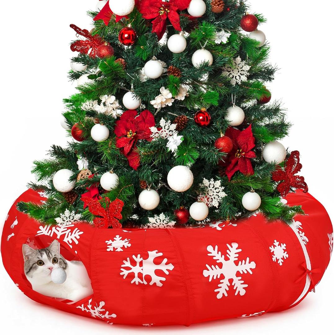 Sanwuta Christmas Cat Tunnel for Christmas Tree Skirt 3ft x 3ft x 9.8in Round Interactive Cat Bed Tube with Holiday Print Convertible Kitten Tubes, Tunnels Play & Bed Puppy Rabbit Ferret Festive Gift