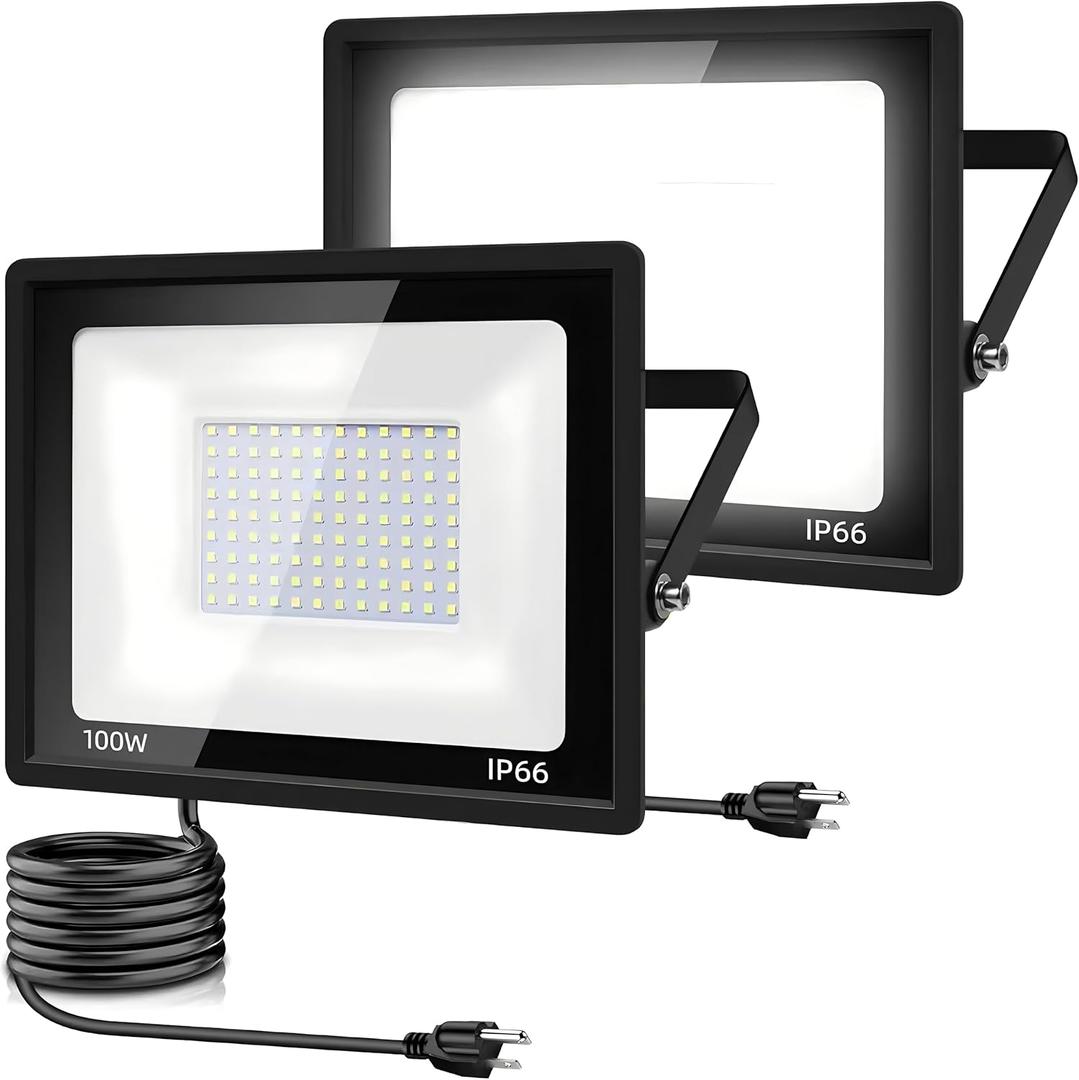 2Pack LED Flood Light Outdoor,100W LED Work Light 11000lm with 6FT US Plug,IP66 Waterproof Exterior Security Lights,6000K Daylight White Outside Floodlights Slim Design for Playground Yard