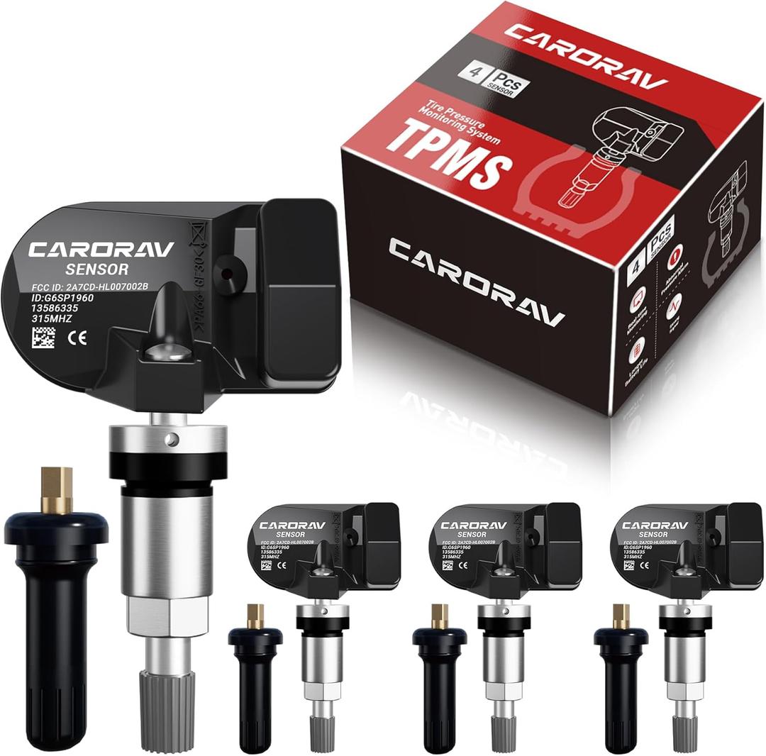 CARORAV TPMS Sensor GM, 4-Pack Tire Pressure Monitoring System Sensor Replacement for GM Chevy GMC Cadillac Buick, 315MHz OE Replaces for 13586335 13581558 13598771 13598772