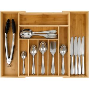 9-Slots Bamboo Drawer Organizers for Kitchen, Expandable Silverware Drawer Organizer, Multipurpose Utensil Organizer for Kitchen Drawers, Large Cutlery Drawer Organizer for Spoons, Forks & Knives