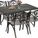 DWVO 5-Piece Outdoor Furniture Cast Aluminum Patio Dining Sets, All-Weather Patio Bistro Sets with 4 Chairs, 59 Inches Round Table with Umbrella Hole, Adjustable Feet for Balcony Backyard Deck Garden