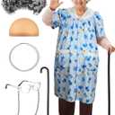 Jiuguva 7 Pcs Old Lady Costume for Kids Girls, 100th Days of School Costume for Kids Granny Nightgown Wig Cane Grandma Dress (Small)