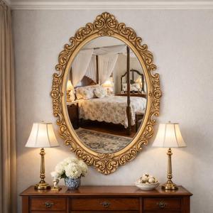 Vercraft 30" x 20" Vintage Gold Mirror for Wall, Antique Gold Oval Baroque Mirror with Imitation Metal Frame, Ornate Wall Decor for Entryway, Fireplace, Living Room, Hallway