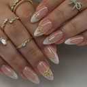 French Tip Press on Nails - Almond Fake Nails - Bow False Nails Press ons - Medium 3D Gold Acrylic Glossy - Cute Glue on Nails - for Women Artificial Stick on Nail 24 Pcs
