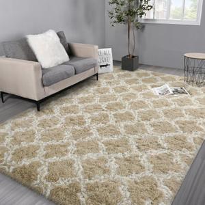 Hutha 8x10 Shag Large Area Rugs for Living Room, Beige and White Modern Super Soft Bedroom Carpet, Moroccan Luxury Geometric Plush Fluffy Rug for Kids Nursery Girls Room Indoor Home Decor (9' x 12' (Rectangular))