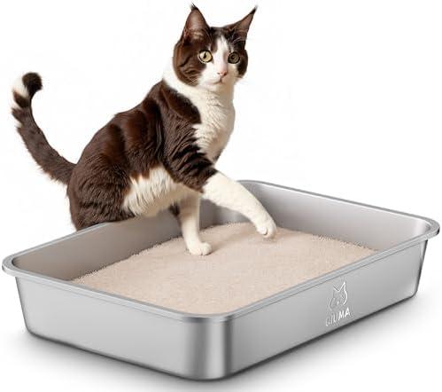 Qiuma Stainless Steel Litter Box, Large Cat Litter Box for Medium to Large Cats, Odor-Free, Non-Stick, Easy to Clean, 19.5"×13.6"×3.9", Low Entry for Kittens, Seniors, or Injured Cats