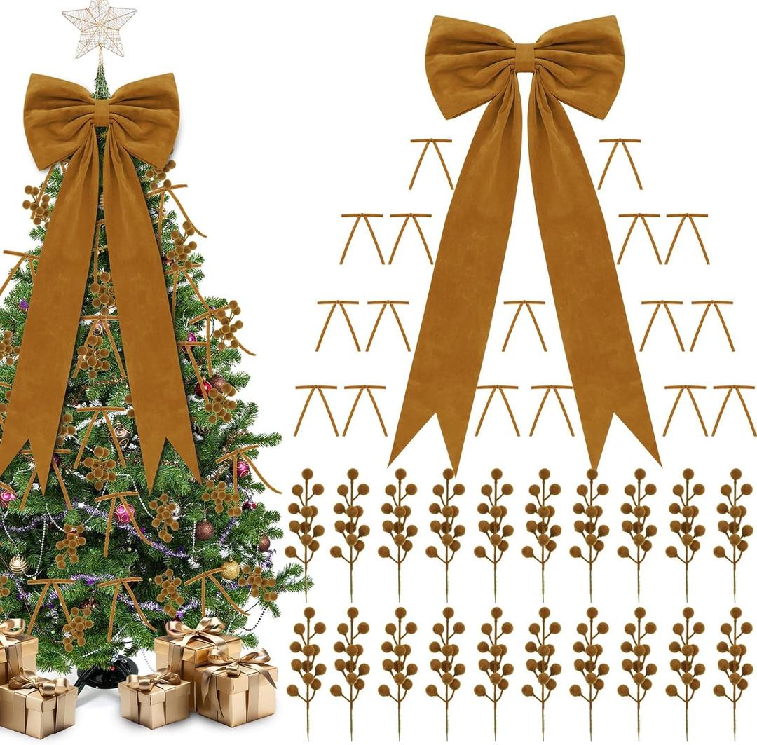 Khaki Christmas Tree Decorations Bows and Berry Picks Set Include 1 Pcs 16 x 40'' Large Tree Topper Bow 24 Small Khaki Velvet Bows 24 Berry Picks Xmas Ornaments for Home Birthday Holiday Decor