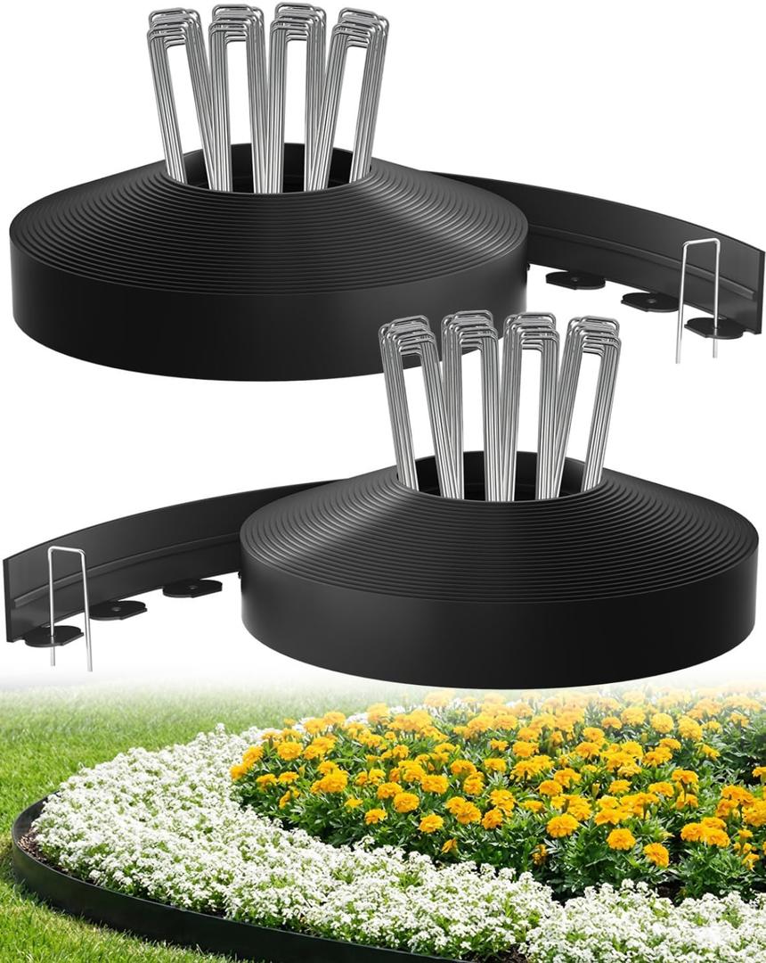 Bluepro Landscape Edging, 2 Inch 100 ft Garden Border Edging Upgraded with 150 Steel Stakes (Strong) & Reinforced Design - Durable Plastic Garden Border for Flower Beds, Lawn & Yard