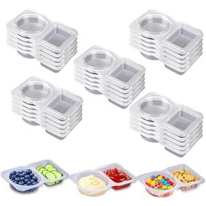 2 x 25-Pack Reusable Snack Containers with Lids, 2-Section Snack Box for Portion Control, Plastic Food Storage, Adult Meal Prep & Outdoor Dipping Containers