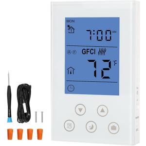 7-Day Programmable Thermostat for House Radiant Underfloor Heating,Home Floor Heating Controller,Adaptive AC Voltage(120/240V),Dual Sensing(Air&Floor Sensor) Built-in Class A GFCI,LED Backlit Display