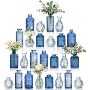 Hewory Small Bud Vases Bulk: 25Pcs Multi Blue Flower Vases for Centerpieces | Mini Coastal Decor, Vintage Glass Bottle for Wedding Table, Baby Showers, Patriotic, Relief, Navy & Light Blue, Assorted