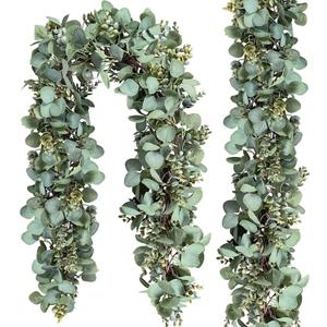 Ouddy Decor 2 Pack Eucalyptus Garland Total 13.1 Ft Lush Silver Dollar Leaves Boxwood Artificial Faux Greenery Vines for Baby Shower Wedding Party Table Runner Room Home Mantle Decor