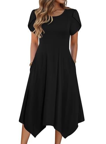 Zeagoo Summer Beach Dresses for Women Casual Summer Dresses for Women 2026 Short Sleeve Midi Dress Casual Flower Printed Long Dress Flare Dress Black L