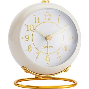 Metal Desk Clock, Retro Bedroom Table Vintage Analog Alarm Clock, Silent Non-Ticking Gold Clock, Bedside Dcor(Milk White)