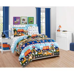 Fancy Linen Boys Comforter and Sheet Set Construction Zone Public Work Excavator Dump Trucks Front and Backhoe Loader Tractors Light Blue Red Yellow Dark Blue New # Construction (Full)