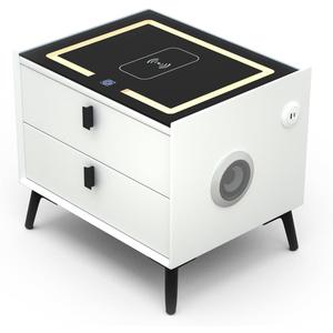 Nightstands with Wireless Charging Station, USB Port, 3 Color LED Lights and Speaker, Modern Wooden End Side Table for Bedroom, Dorm and Living Room, 2 Drawers (20"x16"x18", White-right)