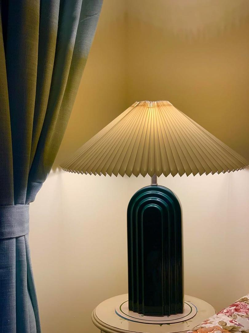 Blue Ceramic Desk lamp, Medieval Desk lamp, Suitable for Living Room Coffee Table, Bedroom Bedside lamp, Unique Pleated lampshade, Suitable for Office and Bedroom (Gold foil+beige lampshade)