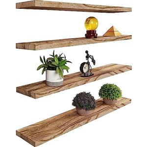 YYWUOJJ Wood Floating Shelves for Wall, Rustic Wall Shelves for Bedroom, Wall Mounted Floating Shelf, Set of 4 Light Walnut 36 Inch
