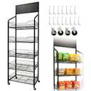 5 Tier Retail Candy Display Rack Metal Storage Shelf with Wheels & 15 Hooks Concession Candy Snack Display Racks Sturdy and Stable Chip Shelf Rack for Stores, Kitchen, Office (5 Tier Black 50cm)