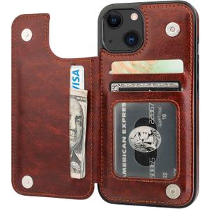 ONETOP Compatible with iPhone 13 Wallet Case with Card Holder, PU Leather Kickstand Card Slots Case, Double Magnetic Clasp Durable Shockproof Cover 6.1 Inch(Brown)