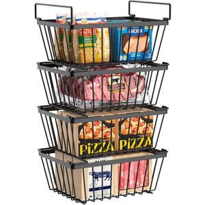 Freezer Organizers Bins with Folding Handles4 Pack Stackable Upright Freezer Organizers Baskets for 5-7 Cu.Ft Deep Freezer Storage, Increased Space for Food Storage, Easy to AccessBlack