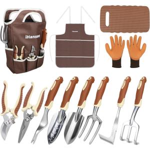Brown Gardening Tools Set 12-Piece, Garden Hand Tool Kit with Non-Slip Ergonomic Handle, Storage Tote Bag, Garden Apron, Gloves and Kneeling Pad, Gardening Gifts for Women Men Plant Lover