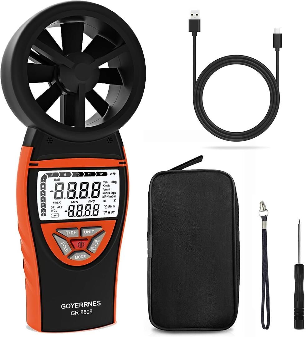 Handheld Anemometer for Wind Speed Temp Humidity, Digital Rechargeable Air Flow Gauge Meter, Portable CFM Measuring Device for HVAC Outdoor Sailing Shooting Golf Drone Flying (ORANGE)