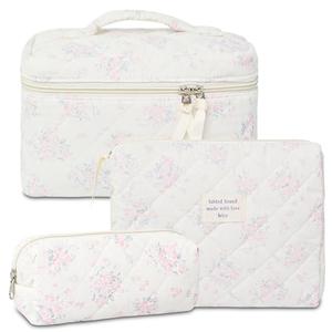 AMZMA Makeup Bag, 3 PCS Quilted Makeup Bag, Cute Floral Cotton Cosmetic Bag set, Coquette Makeup Pouch Large Travel Toiletry Bag