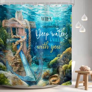 LIGHTINHOME Ocean Bible Verse Shower Curtain 72Wx72H Inches Underwater Christian Inspirational Scriptures Quotes Blue Sea Beach Cloth Fabric Waterproof Polyester Bathroom Home Decor Set with Hooks