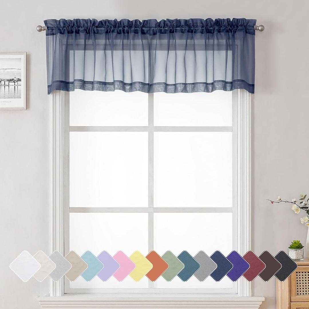 Lecloud Navy Blue Window Valance 14 Inches Long 2 PCS, Solid Voile Blue Curtains Dual Rod Pockets, Living Room Bedroom Bathroom Kitchen Curtain Half Tiers Window Treatment, 40" Wx14 L