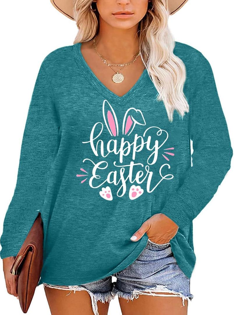 Plus Size Easter Shirts for Women Happy Easter T Shirt Bunny Rabbit V Neck Tees Easter Long Sleeve Shirt Tops (3X-Large, Sky Blue)