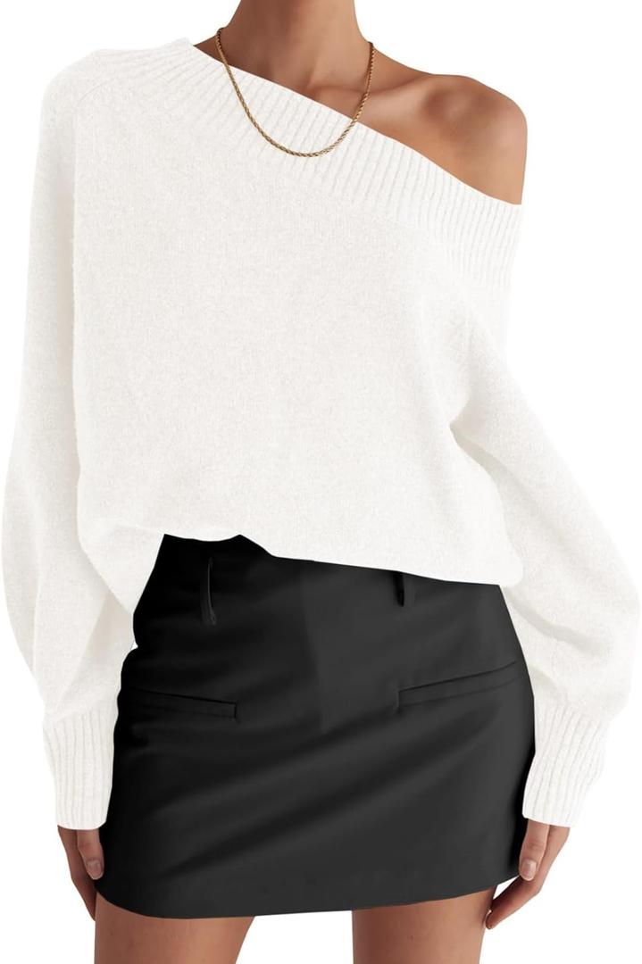 Saodimallsu Women's Off The Shoulder Sweater Long Sleeve Boat Neck Pullover 2025 Casual Trendy Loose Knit Tops (Small, White)