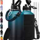 64/128 oz Half Gallon Insuated Water Bottle, (Keep Cold 48H), Leak Proof Food-Grade Stainless Steel Water Jug With Straw Lid and Atuo Spout Lid, Portable Paracord Handle & Carrier Bag Indigo Black