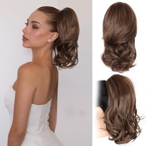 14 Inch Ponytail Extension - Clip in Ponytail Hair Extensions, Curly Wavy Pony Tails Hair Extensions, Synthetic Claw Clip Ponytail Extension for Women (Color: Medium Brown Mixed Honey Blonde)