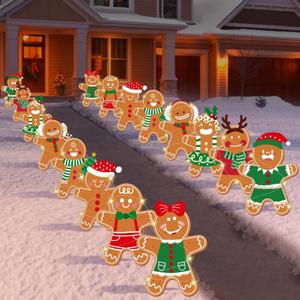 Aodaer 16 Pieces Christmas Gingerbread Man Yard Sign with Timed LED Light Merry Christmas Gingerbread Man Lawn Decoration with 32 Stake Outdoor Large Xmas Waterproof Lawn Sign for Winter Holiday Decor