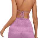 LYANER Women's Sexy Fringe Halter Waist Tie Back Sleeveless Romper Jumpsuit Playsuits (Purple, XS)
