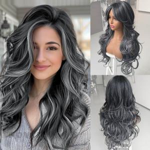 Dark Gray Highlight Wigs for Women Long Layered Wavy Wig with Curtain Bangs Synthetic Wig Black Mixd Dark Grey Highlight Curly Butterfly Shaggy Grey Layered Hair for Women Daily Party Use 24Inch