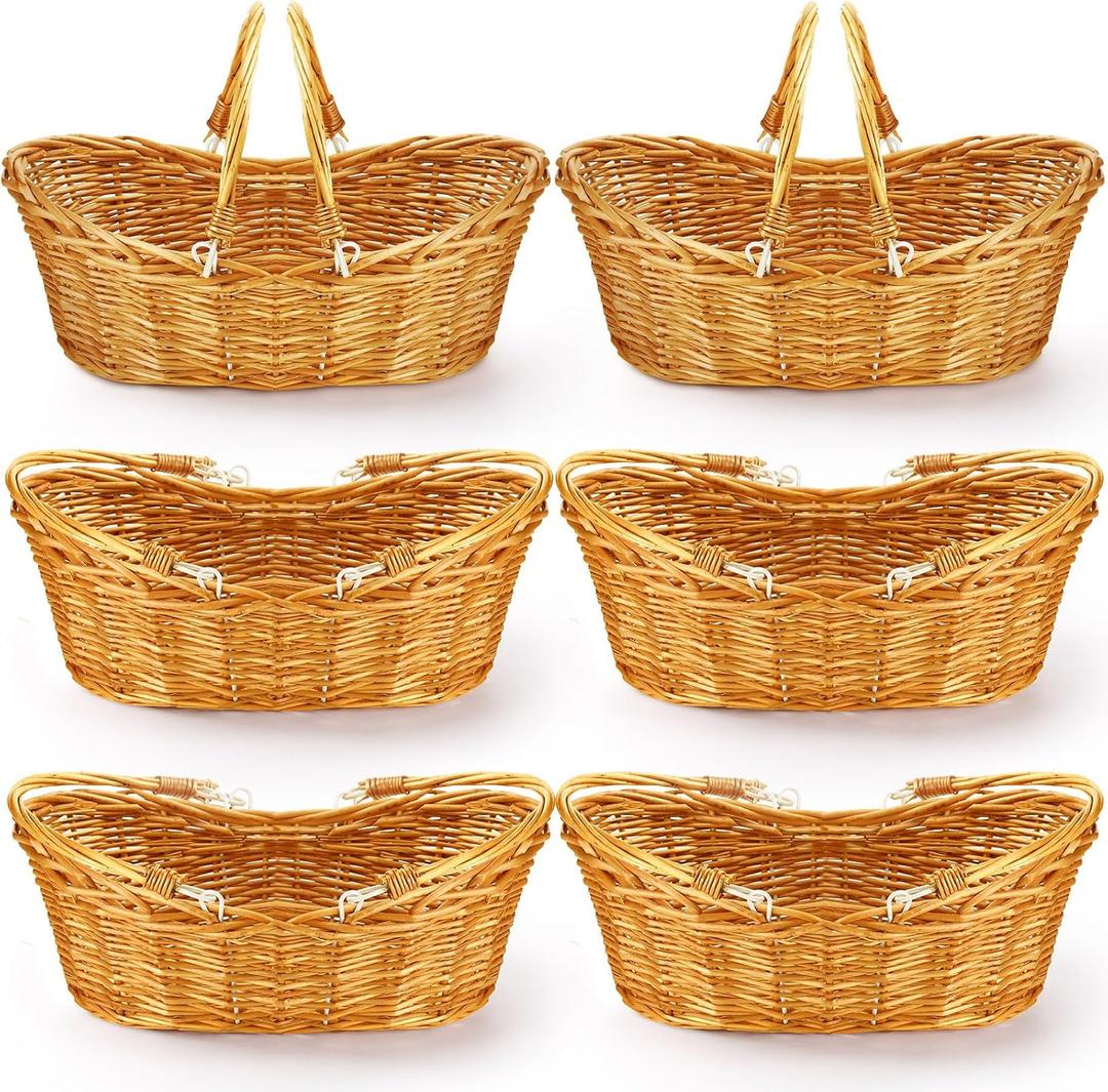 Wesiti 6 Pcs Wicker Picnic Basket with Handle, Hand Woven Harvest Basket Bulk, Wicker Flower Hoppet for Storage, Picnics, Easter, Organizing, Egg Gathering, Candy, Wedding(Light Brown)