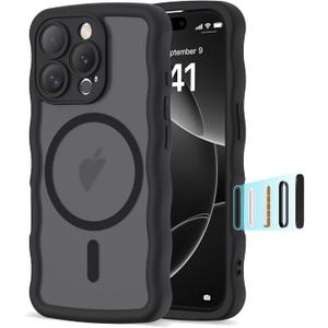 Compatible with iPhone 16 Pro Case 6.1" 2024, Cute Kawaii Curly Wave Frame Shape Shockproof Translucent Matte Protective Magnetic 16 Pro Phone Case for Women Girls, Black