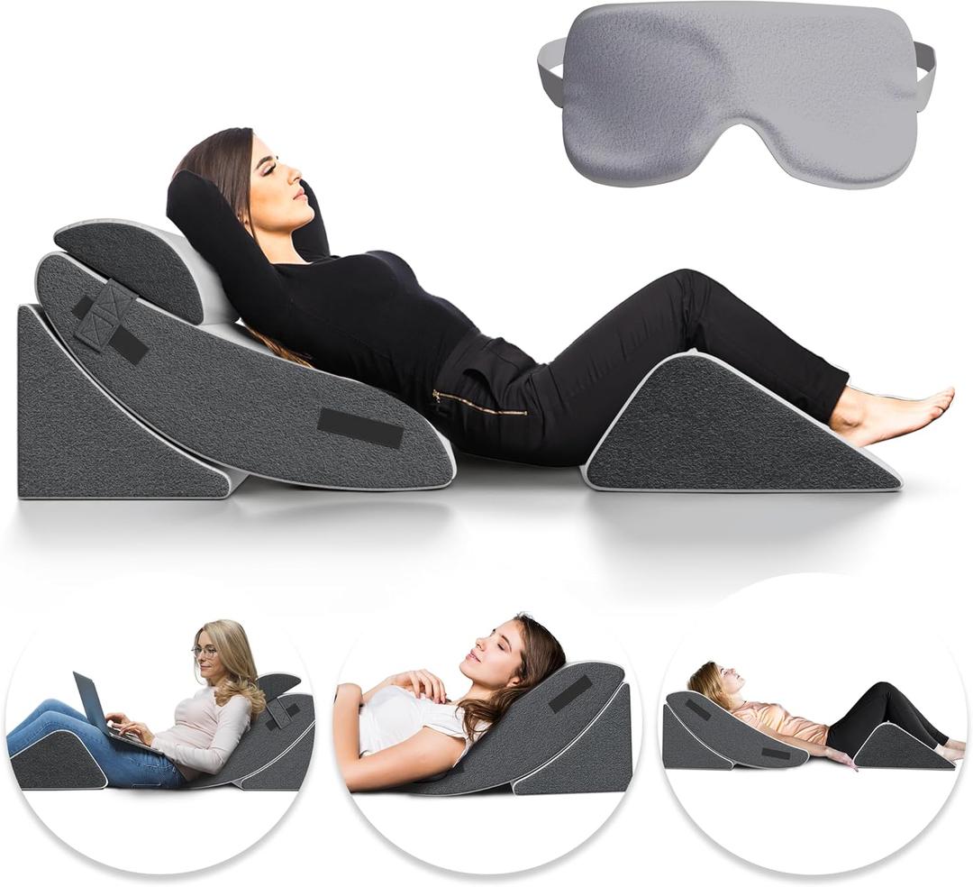 Orthopedic Bed Wedge Pillow Set 4-Piece Adjustable Foam Support for Headboard, Back, Legs & Sleep Ideal for Acid Reflux, Pregnancy, Snoring & Pain Relief  Includes Eye Mask & Washable Covers