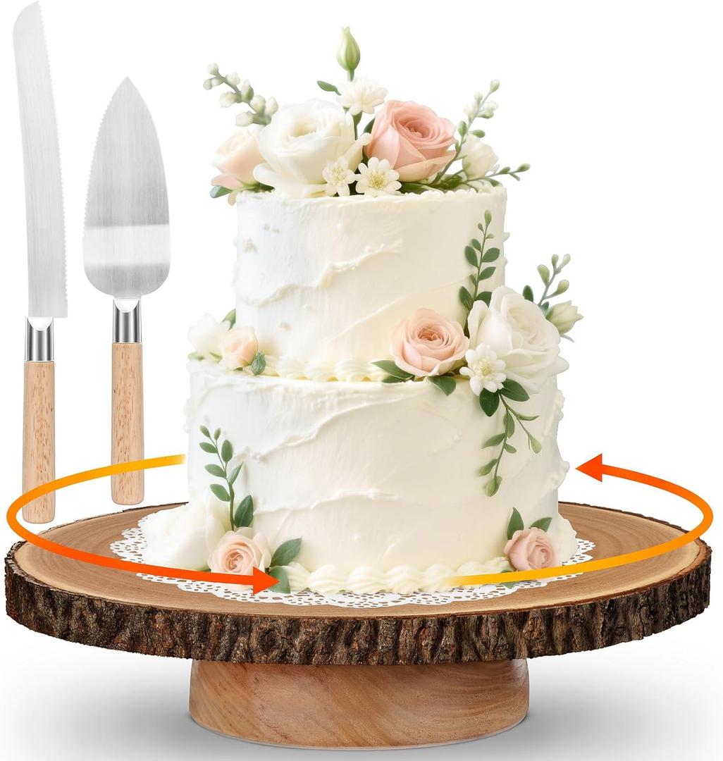 Rotating Cake Stand 12" Wood Cake Stand with Cake Cutting Set,Rustic Wooden Cake Stands for Party/Wedding/Baking Gifts/Event/Cake Turntable for Decorating