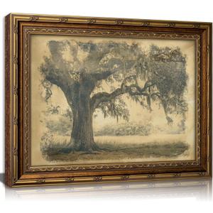 Vintage Gold Framed Tree Wall Art, Antique Oak Tree Forest Landscape Canvas Print, Sepia Cottagecore Picture Wall Decor, Rustic Farmhouse Poster Artwork for Living Room Bedroom
